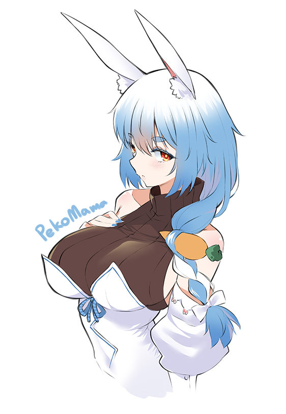 1girl animal_ear_fluff animal_ears blue_hair blue_nails braid breasts bright_pupils butter-t carrot character_name detached_sleeves fingernails food_on_hair hair_over_shoulder hand_on_own_chest hololive large_breasts long_hair looking_at_viewer mature_female multicolored_hair nail_polish parted_lips pekomama photoshop_(medium) rabbit_ears rabbit_girl red_eyes ribbed_sweater side_braid sleeveless sleeveless_sweater solo sweater two-tone_hair upper_body virtual_youtuber white_pupils