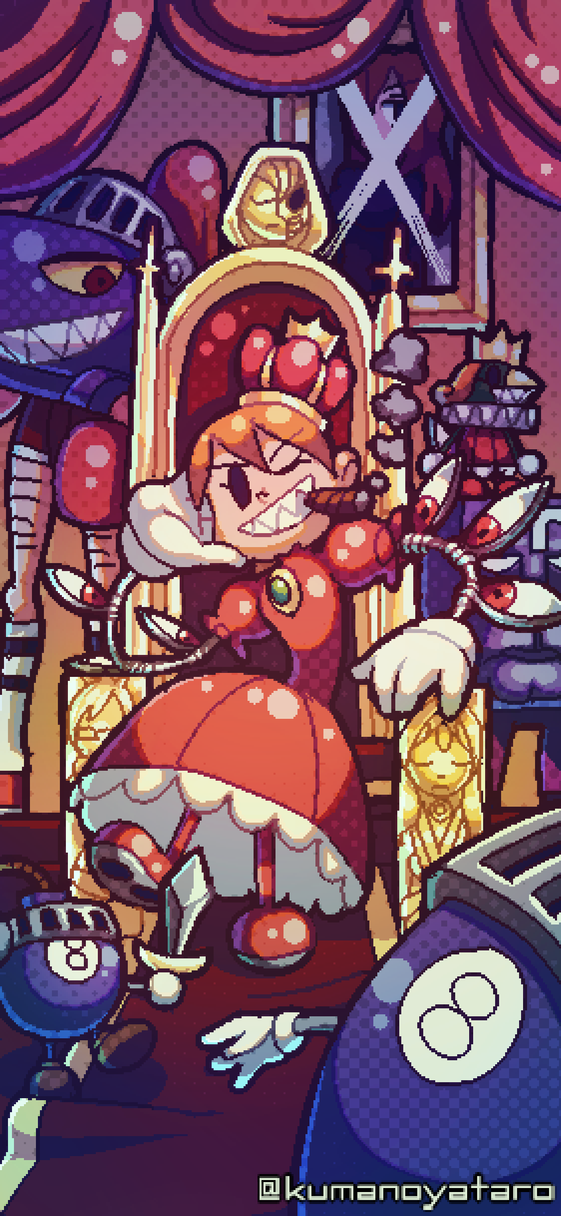 1girl absurdres aeon_(skullgirls) alternate_costume andy_anvil avery_(skullgirls) boxing_ring brooch cigar collar crossed_legs crown curtains cyborg dress george_the_bomb gloves highres holding holding_sword holding_weapon jewelry juliet_sleeves knight kumanoyataro lenny_the_bomb long_sleeves mother_(skullgirls) one_eye_closed orange_eyes painting_(object) parasoul_(skullgirls) peacock_(skullgirls) pixel_art puffy_sleeves red_eyes rug sharp_teeth short_hair shorts sitting skullgirls smile smoking solo_focus sword teeth throne throne_room tommy_ten-tons venus_(skullgirls) weapon
