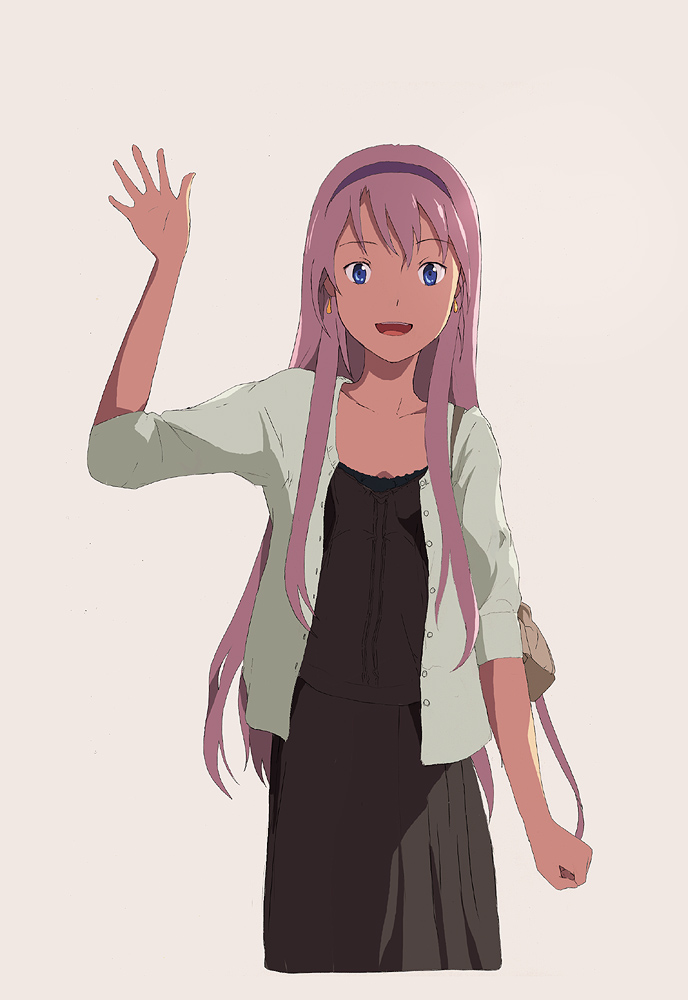 1girl :d alternate_costume blue_eyes casual female_focus long_hair megurine_luka open_mouth pink_hair shiika_sadamasa smile solo very_long_hair vocaloid waving