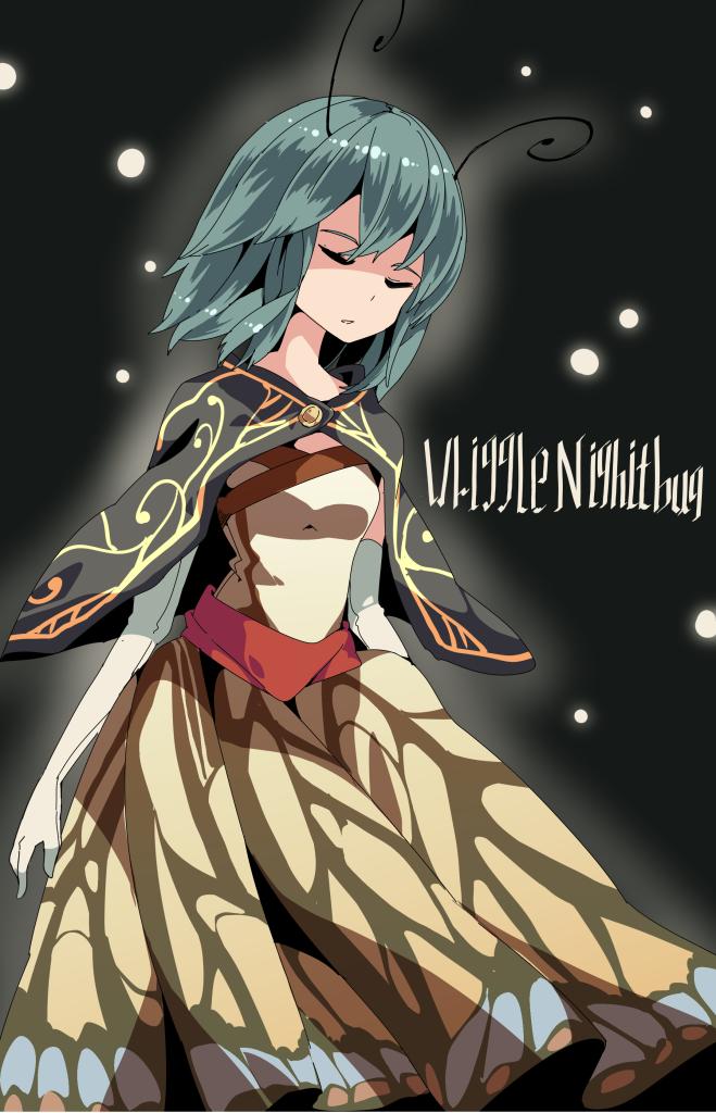 1girl alternate_costume antennae aoi_kujira bad_id bad_twitter_id bug capelet character_name closed_eyes dress elbow_gloves female_focus firefly gloves green_hair insect short_hair simple_background solo touhou white_background wriggle_nightbug