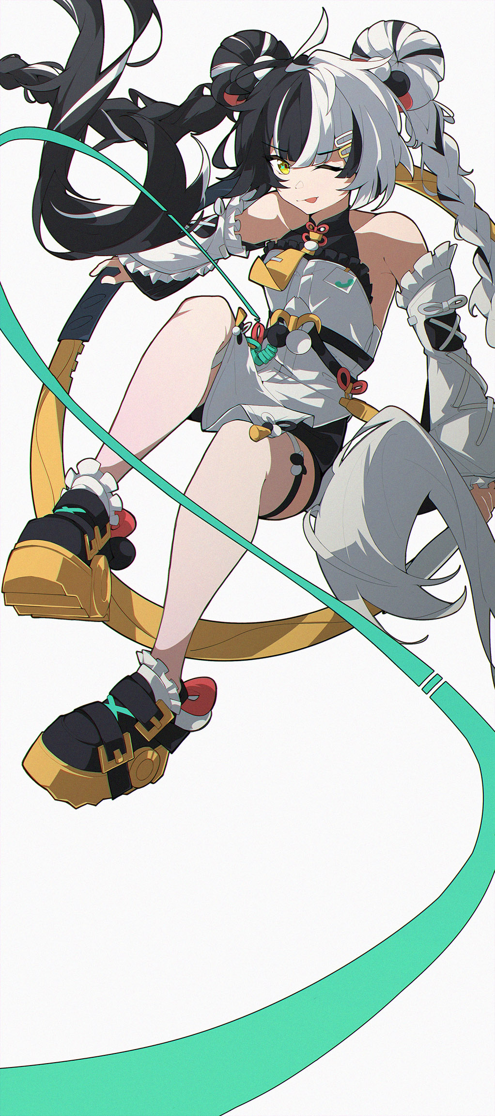 1girl :p ahoge bare_shoulders black_hair black_shoes black_shorts braid china_dress chinese_clothes commentary detached_sleeves dialyn_(zenless_zone_zero) dress frilled_dress frilled_sleeves frills full_body hair_ornament hairclip highres legs long_hair looking_at_viewer multicolored_hair necktie one_eye_closed parallel_hairclips postalworks shoes shorts sneakers solo split-color_hair thigh_strap tongue tongue_out twin_braids two-tone_hair white_background white_dress white_hair white_sleeves wire yellow_eyes yellow_necktie yellow_shoes zenless_zone_zero