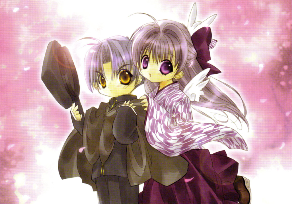 1boy 1girl ahoge bashamichi bow rabbit_hair_ornament gakuran hair_bow hair_ornament hakama hakama_skirt half_updo hat unworn_hat unworn_headwear higuchi_kotarou japanese_clothes kimono koge_donbo long_hair looking_at_viewer meiji_schoolgirl_uniform misha misha_(pita_ten) pita_ten purple_eyes purple_hair school_uniform skirt wings yagasuri