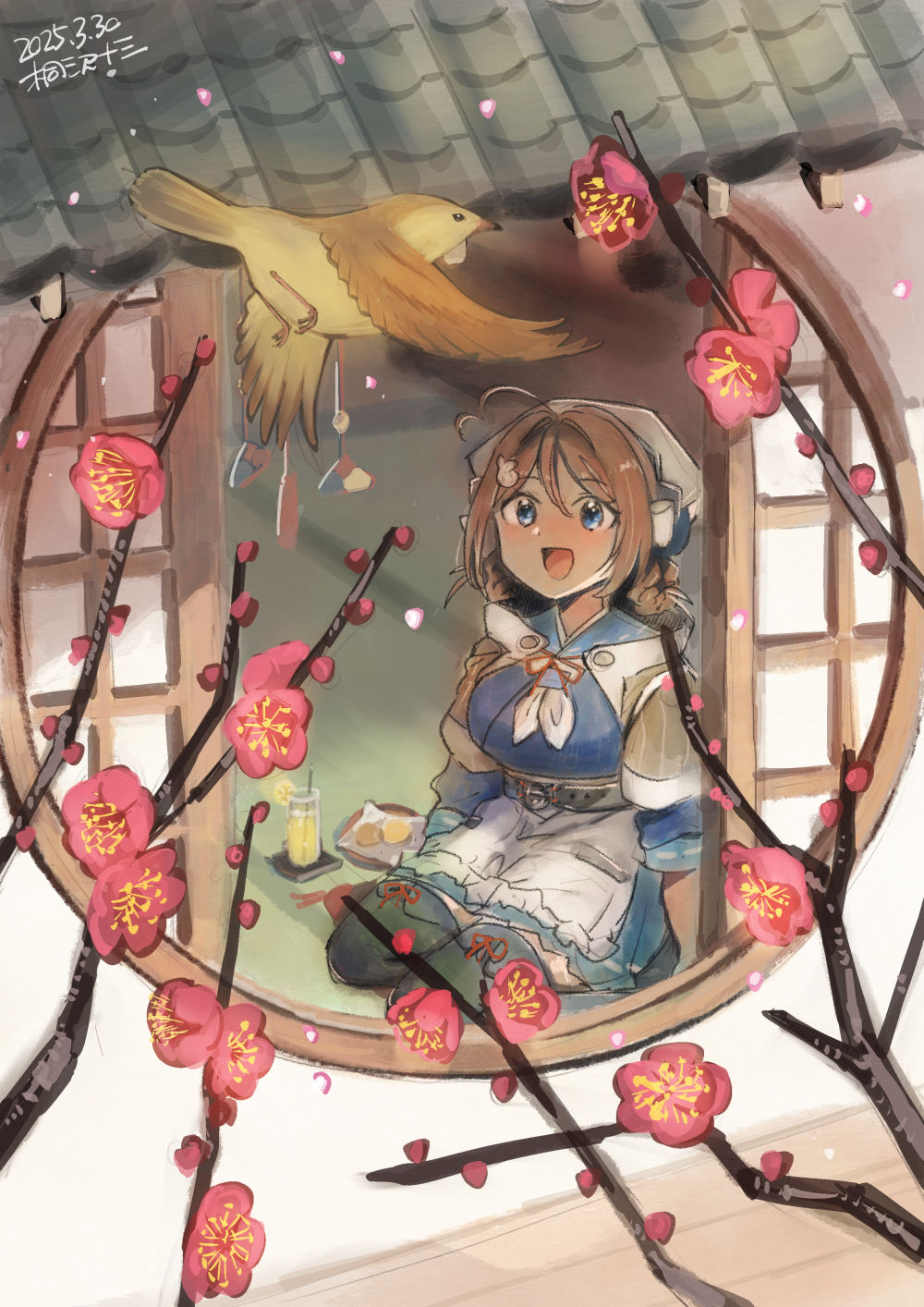ahoge apron artist_name bandana bird blue_sailor_collar blue_serafuku blue_skirt braid braided_hair_rings brown_hair brown_shawl chougei_(kancolle) dated derivative_work drink flower flycatcher_(animal) grey_eyes hair_ornament hair_rings highres kantai_collection kirisawa_juuzou long_hair neckerchief pleated_skirt plum_blossoms sailor_collar school_uniform serafuku shawl skirt tatami twin_braids waist_apron whale_hair_ornament white_apron white_bandana white_neckerchief window