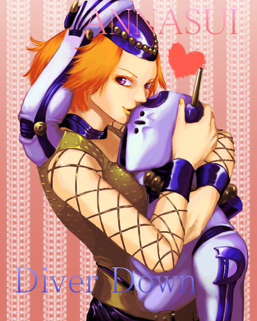 1girl choker diver_down_(stand) fishnets genderswap genderswap_(mtf) hat heart hug jojo_no_kimyou_na_bouken kamiura lipstick makeup nail_polish narciso_anasui orange_hair orange_lips purple_eyes stand_(jojo) stone_ocean wristband