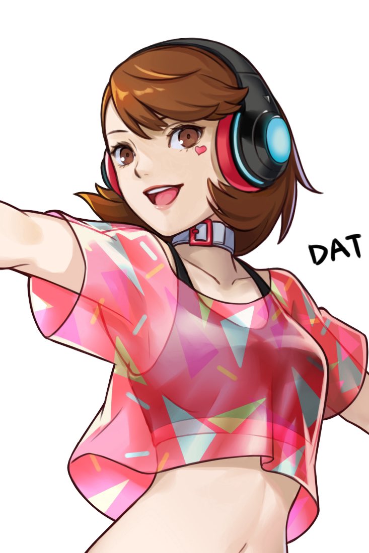 1girl artist_name belt_buckle belt_collar black_tank_top breasts brown_eyes brown_hair buckle choker collar collarbone commentary crop_top cropped_shirt da-cart english_commentary facial_mark flipped_hair headphones heart heart_facial_mark looking_at_viewer medium_hair midriff navel official_alternate_costume open_mouth outstretched_arms persona persona_3 persona_3:_dancing_moon_night persona_dancing pink_lips pink_shirt see-through_clothes see-through_shirt shirt short_sleeves smile solo takeba_yukari tank_top teeth upper_body upper_teeth_only white_background white_choker