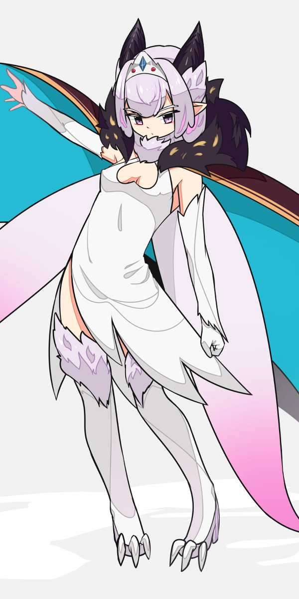 1girl arm_up breasts cape cowfee crown dress fluffy_collar high_heels highres horns looking_at_viewer monster_girl no_bra original pointy_ears simple_background small_breasts solo standing thighhighs white_dress white_eyes white_hair wings