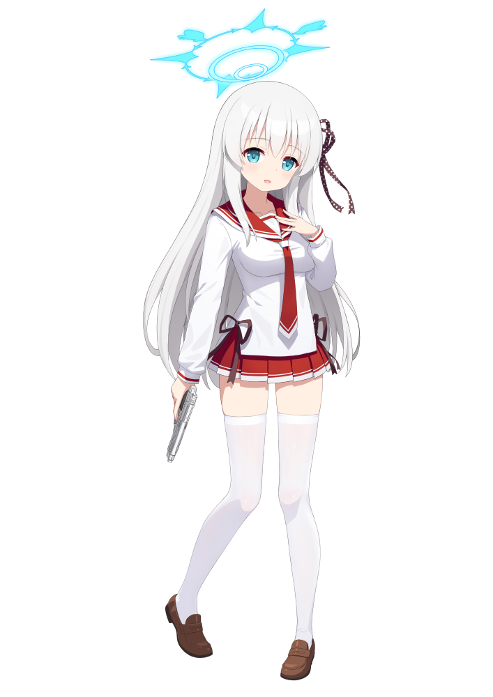 1girl :d black_ribbon blue_archive blue_eyes breasts brown_shoes commentary_request full_body grey_hair gun hair_between_eyes halo hand_up heijialan holding holding_gun holding_weapon loafers long_hair long_sleeves looking_at_viewer medium_breasts necktie open_mouth pleated_skirt puffy_long_sleeves puffy_sleeves red_necktie red_sailor_collar red_skirt ribbon sailor_collar shirt shoes simple_background skirt smile solo standing thighhighs very_long_hair weapon weapon_request white_background white_shirt white_thighhighs