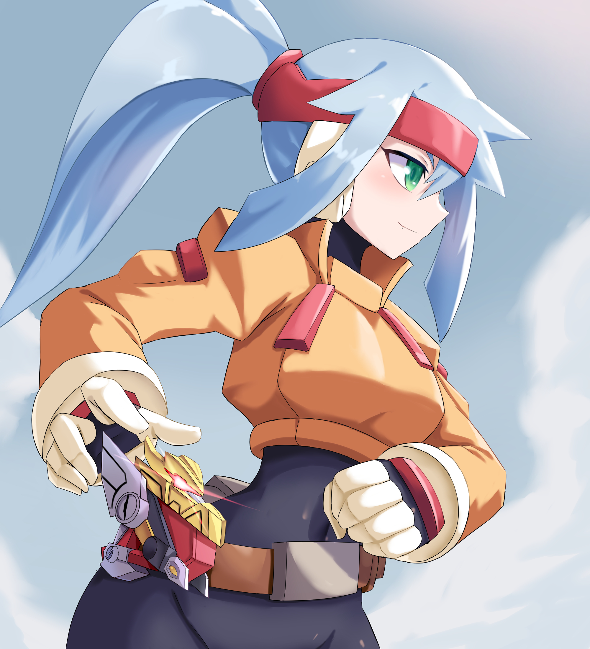1girl ashe_(mega_man) black_bodysuit blue_hair blush bodysuit bodysuit_under_clothes clenched_hand cowboy_shot cropped_jacket glowing gouryugun green_eyes high_ponytail highres jacket light_blue_hair madan_senki_ryukendo mega_man_(series) mega_man_zx mega_man_zx_advent orange_jacket ponytail profile robot_ears solo zerokun135