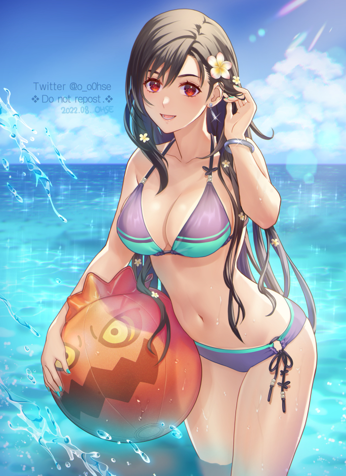 1girl ball bare_shoulders bikini black_hair blue_sky bomb_(final_fantasy) bracelet breasts cleavage cloud cloudy_sky costa_del_sol cowboy_shot earrings final_fantasy final_fantasy_vii final_fantasy_vii_remake flower hair_flower hair_ornament hand_up holding holding_ball horizon jewelry large_breasts long_hair looking_at_viewer midriff nail_polish navel ocean ohse open_mouth red_eyes sky solo square_enix stomach swimsuit tan tanline tifa_lockhart water