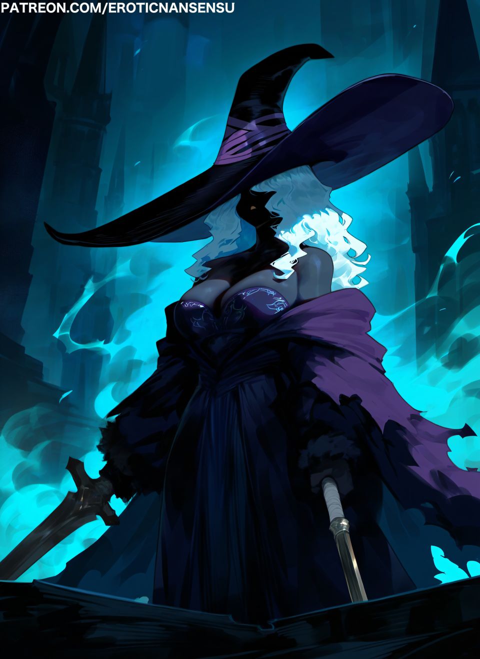 1girl breasts cleavage dark-skinned_female dark_skin dress elden_ring elden_ring_nightreign erotic_nansensu hat hat_over_eyes highres holding holding_sword holding_weapon large_hat long_hair patreon_username purple_hat purple_sleeves recluse_(elden_ring) solo sword very_dark_skin watermark weapon web_address white_hair witch witch_hat