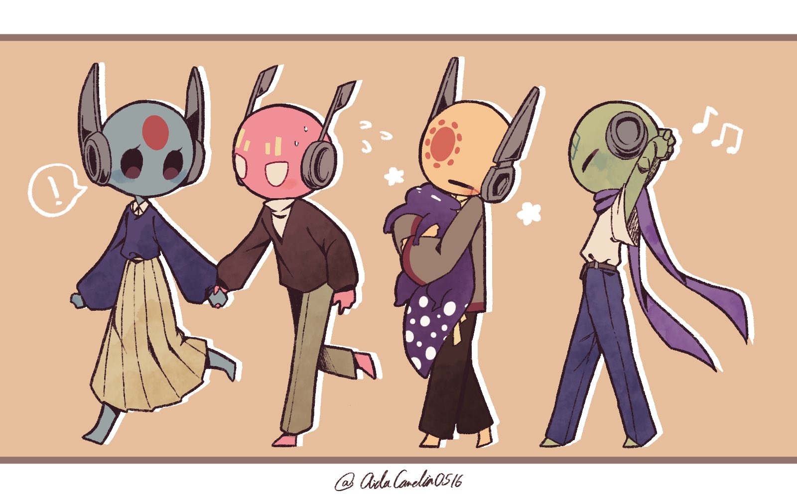 1girl 1other 2boys aida_(aidacamelia0516) arms_up barefoot blue_pants blue_skin blue_sweater blush brown_pants colored_skin creature five_pebbles full_body green_skin grey_shirt highres holding holding_creature hug iterator_(rain_world) long_sleeves looks_to_the_moon multiple_boys no_significant_harassment orange_background pants pleated_skirt puffy_long_sleeves puffy_sleeves purple_scarf rain_world robot_ears scarf seven_red_suns shirt short_sleeves simple_background skirt slugcat spearmaster_(rain_world) sweat sweater white_shirt yellow_skirt