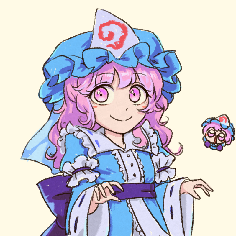 blue_hat blue_kimono closed_mouth commentary frilled_kimono frills hat japanese_clothes kimono looking_at_viewer medium_hair mob_cap numenoko pink_hair saigyouji_yuyuko simple_background smile tan_tan_pou touhou triangular_headpiece upper_body yellow_background