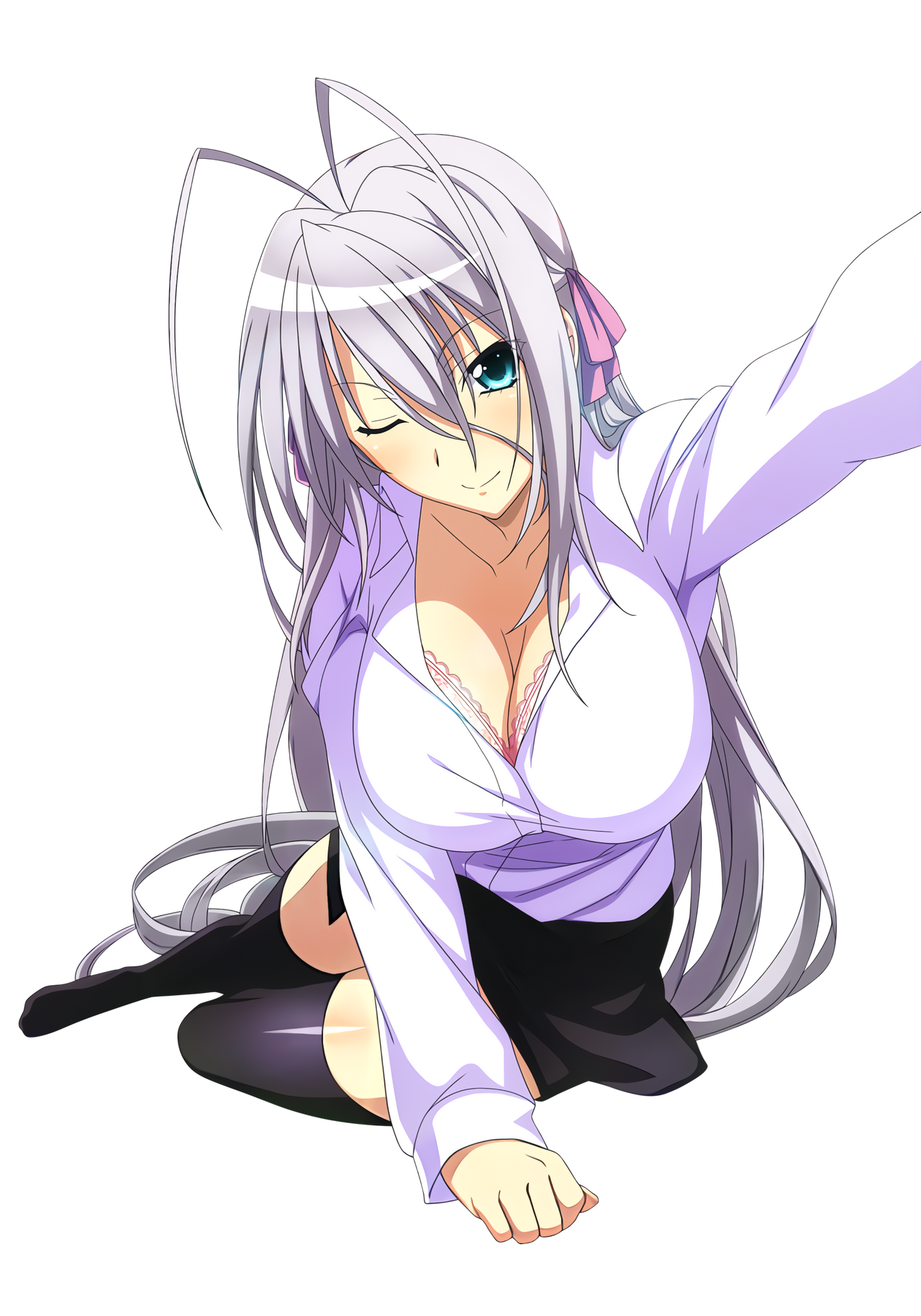 1girl antenna_hair blue_eyes breasts feet high_school_dxd highres large_breasts light_blush long_hair on_floor one_eye_closed pov rossweisse shirt skirt smile t-shirt thighhighs transparent_background white_hair