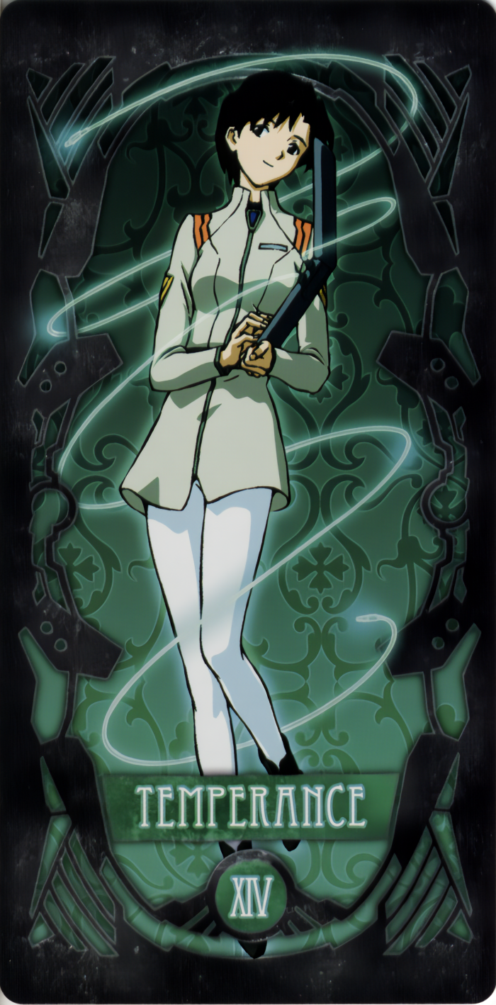 1girl black_footwear brown_eyes brown_hair card_(medium) collared_dress computer dress eyebrows_hidden_by_hair green_background highres holding holding_laptop ibuki_maya laptop neon_genesis_evangelion non-web_source pants roman_numeral short_hair smile tarot tarot_(medium) temperance_(tarot) white_pants zipper