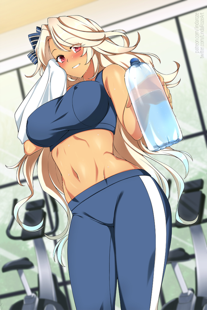 1girl azur_lane blonde_hair blue_pants blue_sports_bra blush bottle bow breasts brooklyn_(azur_lane) covered_erect_nipples eyes_visible_through_hair gym hair_bow holding holding_bottle holding_towel large_breasts lindaroze long_hair looking_at_viewer navel pants red_eyes solo sports_bra sportswear stomach sweat tan tight_clothes tight_pants towel water_bottle wiping_face yoga_pants