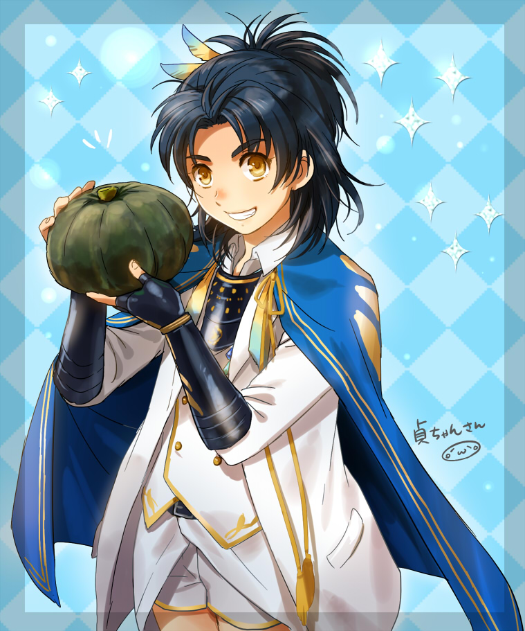 10s 1boy blue_hair cape fingerless_gloves gloves grin male_focus mizuhara_aki shorts smile solo taikogane_sadamune touken_ranbu yellow_eyes