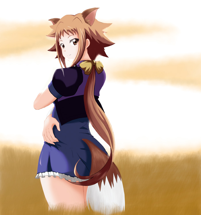 00s 10s animal_ears azumaya_hironaru bow brown_eyes brown_hair dieci_(nanoha) from_behind long_hair looking_back lyrical_nanoha mahou_shoujo_lyrical_nanoha mahou_shoujo_lyrical_nanoha_strikers mahou_shoujo_lyrical_nanoha_vivid numbers_(nanoha) self_hug solo tail