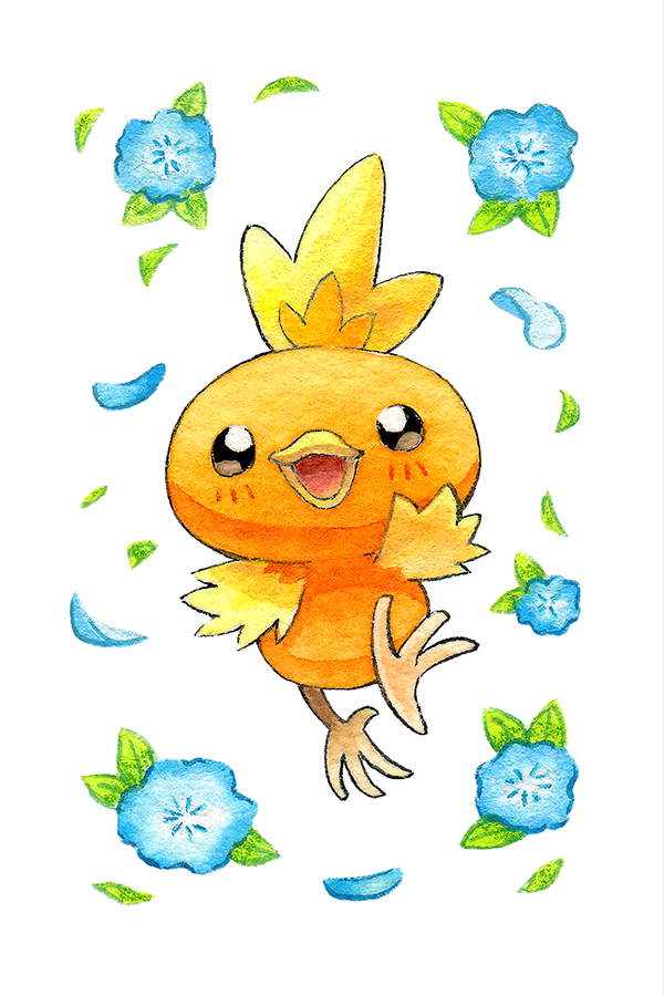 :d black_eyes blue_flower blush commentary english_commentary flower gen_3_pokemon leaf looking_at_viewer nintendo no_humans oliver_hamlin open_mouth painting_(medium) petals pokemon pokemon_(creature) running simple_background smile solo torchic traditional_media watercolor_(medium) white_background