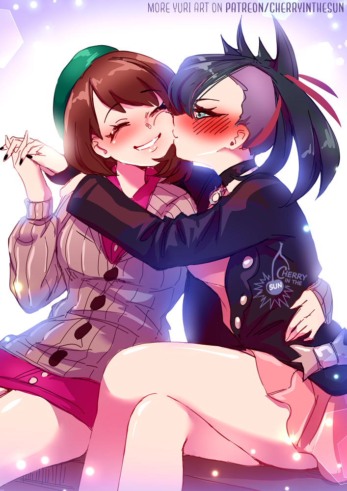 2girls black_collar black_jacket black_nails blush brown_hair buttons cardigan cheek_press cherry_in_the_sun closed_eyes closed_mouth collar commentary crossed_legs dress earrings eyelashes gloria_(pokemon) green_eyes green_hat grey_cardigan grin hand_on_another&#039;s_waist hat holding_hands interlocked_fingers jacket jewelry kiss kissing_cheek marnie_(pokemon) multiple_girls nail_polish nintendo pink_dress pokemon pokemon_swsh short_hair sitting smile tam_o&#039;_shanter teeth yuri