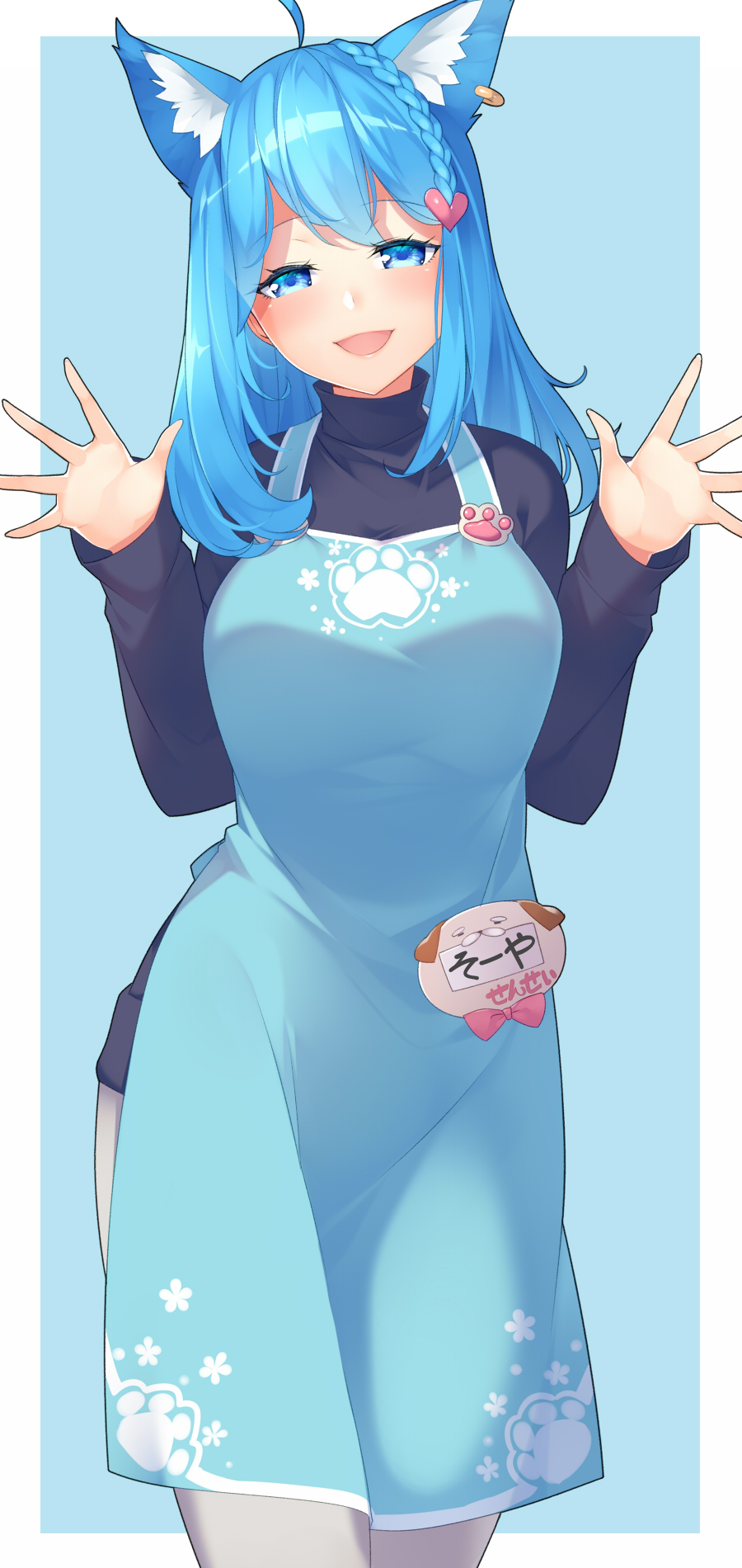 1girl :d ahoge animal_ear_fluff animal_ears animare apron black_shirt blue_apron blue_background blue_eyes blue_hair braid breasts ear_piercing female_focus grey_pants hair_ornament hands_up head_tilt heart heart_hair_ornament highres kokka_han long_hair long_sleeves looking_at_viewer medium_breasts name_tag nanashi_inc. open_mouth pants piercing shirt smile solo souya_ichika turtleneck two-tone_background virtual_youtuber white_background
