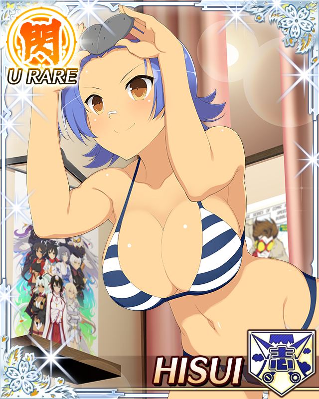 1girl bandage_on_nose bikini blue_hair breasts brown_eyes card_(medium) cleavage closed_mouth dark-skinned_female dark_skin english_text game_cg headband hisui_(senran_kagura) large_breasts leaning_forward navel non-web_source official_alternate_costume official_art parted_bangs senran_kagura senran_kagura_new_link senran_kagura_new_wave short_hair smile solo striped_bikini striped_clothes swimsuit tan