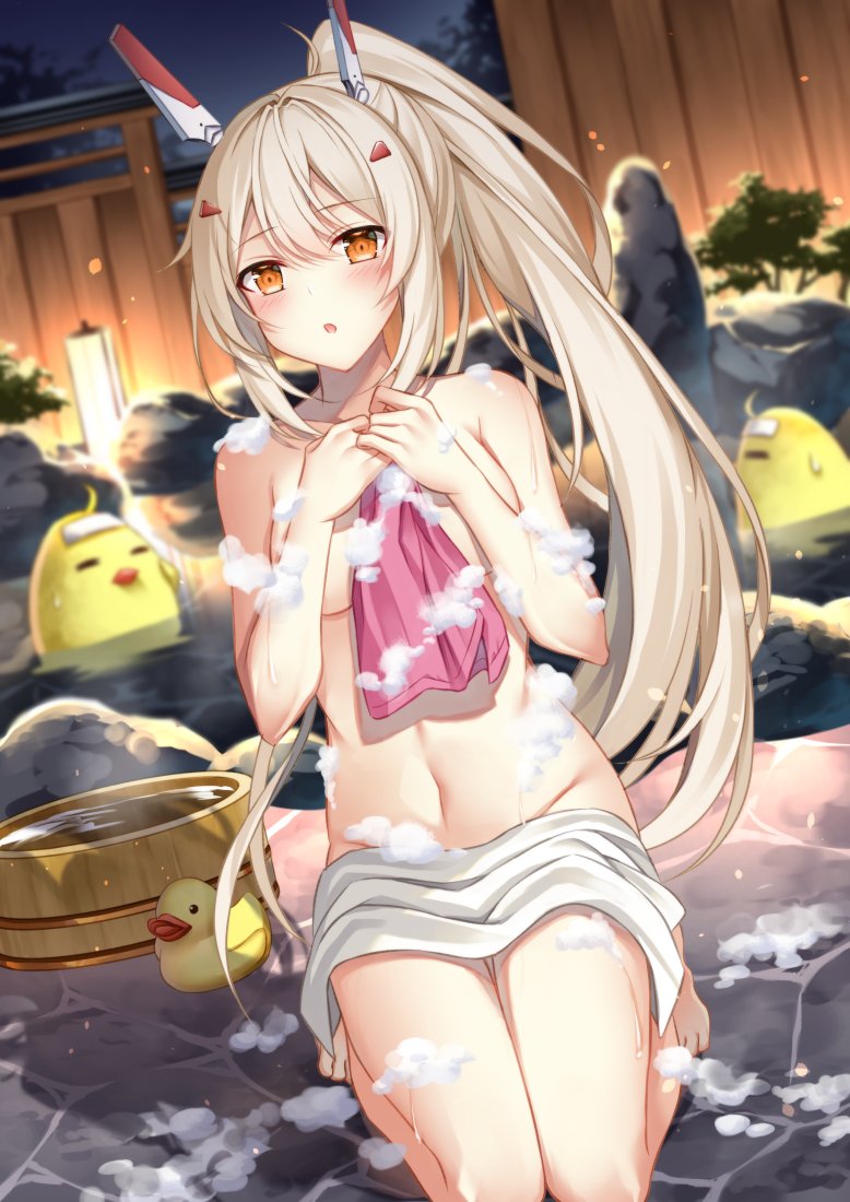 1girl alternate_hairstyle ayanami_(azur_lane) ayanami_(retrofit)_(azur_lane) azur_lane baby_animal bare_shoulders barefoot bird blurry breasts bucket chick collarbone commentary_request convenient_censoring depth_of_field groin hair_between_eyes hair_ornament hairclip headgear holding holding_towel lantern long_hair looking_at_viewer manjuu_(azur_lane) medium_breasts onsen orange_eyes parted_lips ponytail retrofit_(azur_lane) rock rubber_duck seiza sidelocks silver_hair sitting soap_bubbles solo steam sugisaki_yuu toes towel towel_on_legs water wooden_bucket wooden_wall