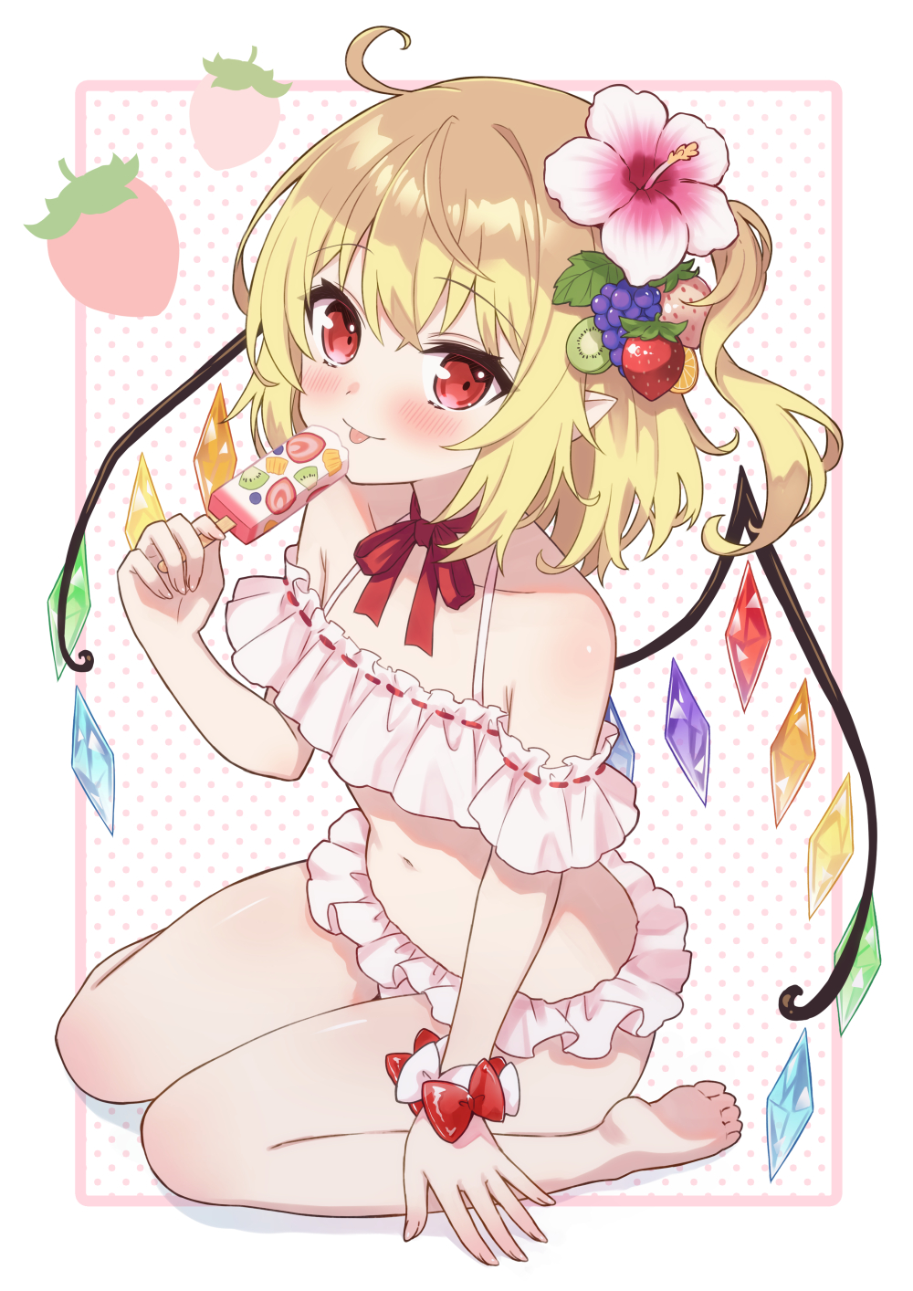 1girl ahase_hino alternate_costume bare_shoulders bikini blonde_hair breasts collarbone crystal flandre_scarlet flower food frilled_bikini frills fruit full_body hibiscus highres holding holding_food holding_popsicle ice_cream looking_at_viewer medium_hair popsicle red_eyes side_ponytail small_breasts solo strawberry swimsuit tongue tongue_out touhou vampire white_bikini wings