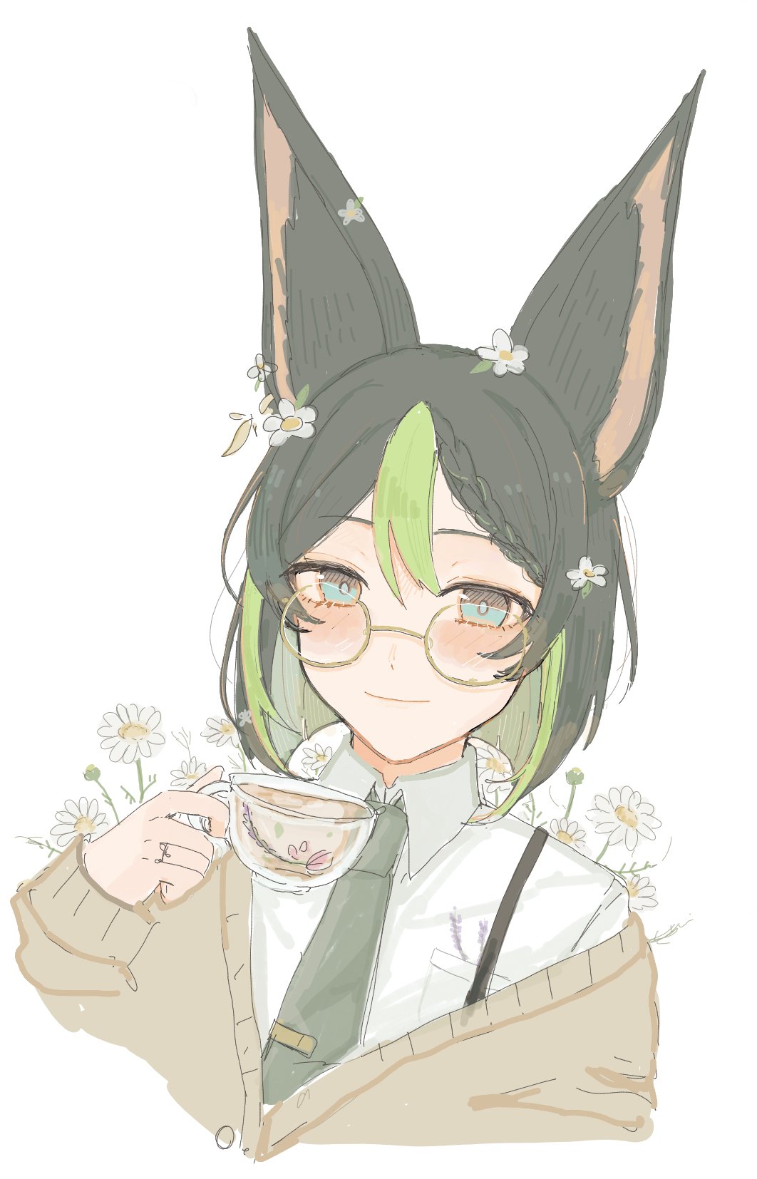 1boy animal_ear_fluff animal_ears bespectacled black_hair blue_eyes braid brown_cardigan cardigan closed_mouth collared_shirt colored_inner_hair commentary_request cropped_shoulders cup dot_nose eyelashes flower genshin_impact glasses green_hair green_necktie hair_between_eyes hair_flower hair_ornament highres holding holding_cup janedoe_1229 large_ears light_smile long_sleeves male_focus multicolored_hair necktie shirt simple_background single_braid sleeves_past_wrists streaked_hair tea teacup tighnari_(genshin_impact) white_background white_flower white_shirt wing_collar yellow-framed_eyewear