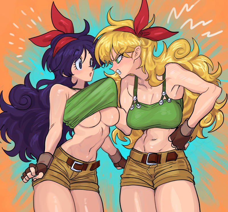 2girls angry belt blonde_hair blue_eyes blue_hair breasts clothes_pull commentary crop_top curly_hair dragon_ball dragon_ball_(classic) dual_persona fingerless_gloves gloves green_tank_top hairband long_hair lunch_(bad)_(dragon_ball) lunch_(dragon_ball) lunch_(good)_(dragon_ball) midriff multiple_girls nanika_(nnkgh) navel red_hairband short_shorts shorts tank_top underboob