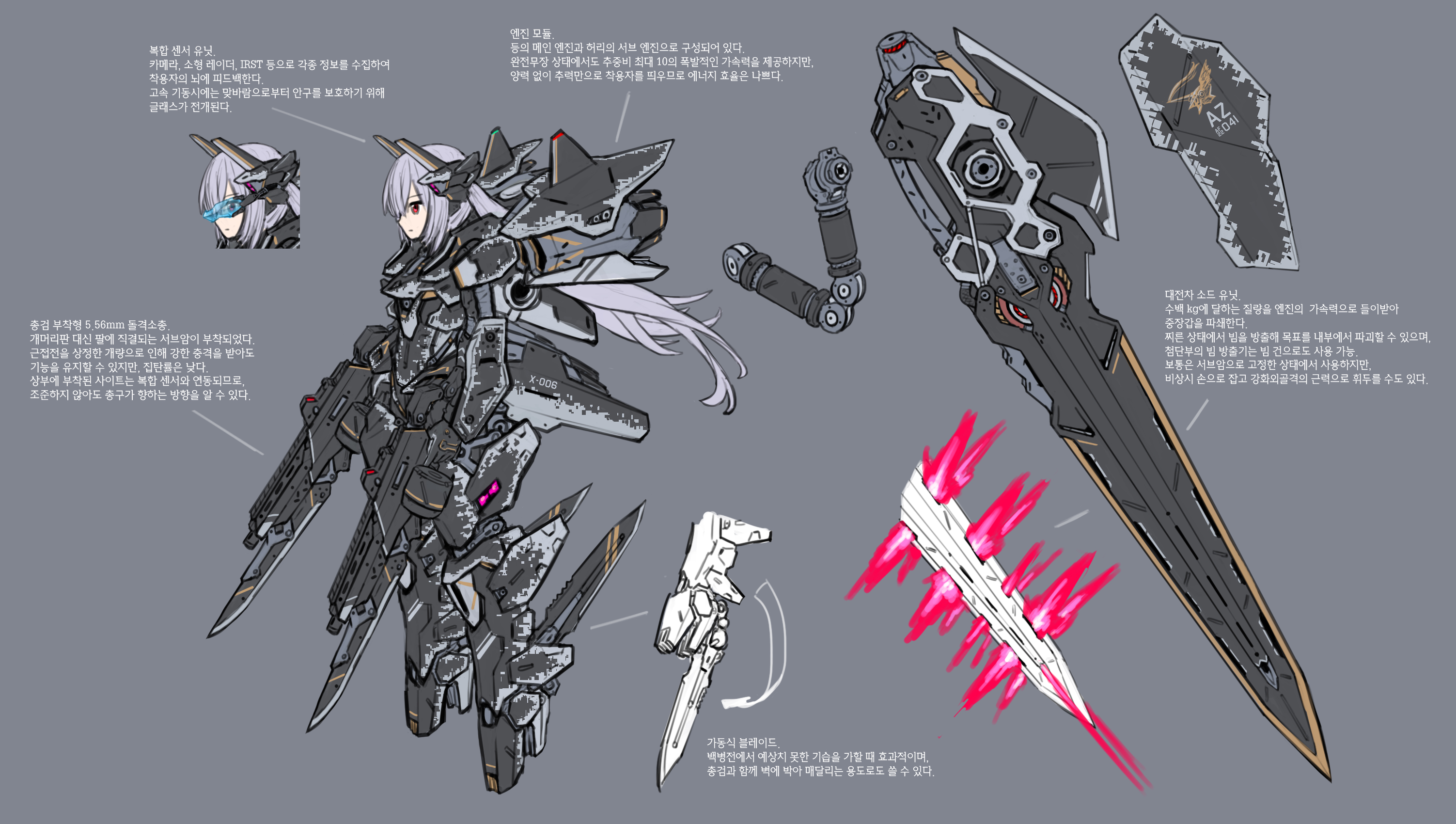 1girl camouflage digital_camouflage duel_monster grey_hair gunblade hair_ornament highres long_hair maxilax mecha red_eyes robot science_fiction sky_striker_ace_-_roze standing visor_lift weapon yu-gi-oh!