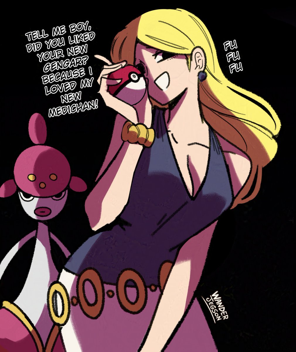 1girl beauty_(pokemon) black_background black_eyes black_shirt blonde_hair breasts cleavage colored_skin earrings english_text expressionless gen_3_pokemon grey_skin hand_up highres holding holding_poke_ball jewelry long_hair looking_at_viewer medicham mindy_(pokemon) nintendo open_mouth poke_ball poke_ball_(basic) pokemon pokemon_dppt red_lips scrunchie shirt skirt sleeveless sleeveless_shirt smile smug solid_circle_pupils thick_lips wanderjegson white_skirt wrist_scrunchie