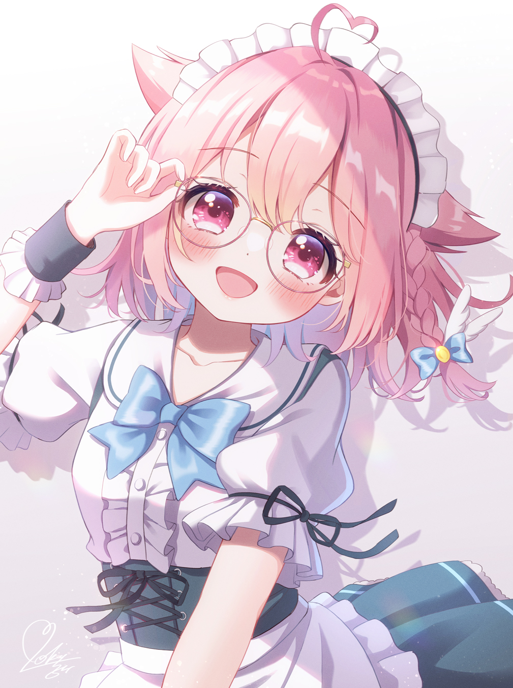 1girl :d adjusting_eyewear ahoge apron blue_bow blue_bowtie blue_wrist_cuffs bow bowtie braid center_frills collared_shirt commentary_request dress_shirt frilled_apron frills glasses green_skirt hair_bow hair_flaps hair_ornament hand_on_eyewear heart heart_ahoge highres indie_virtual_youtuber looking_at_viewer maid_headdress medium_hair mozukun43 open_mouth pink-framed_eyewear pink_eyes pink_hair shirt short_sleeves single_braid skirt smile solo takanashi_kobato upper_body virtual_youtuber white_apron white_shirt wing_hair_ornament wrist_cuffs