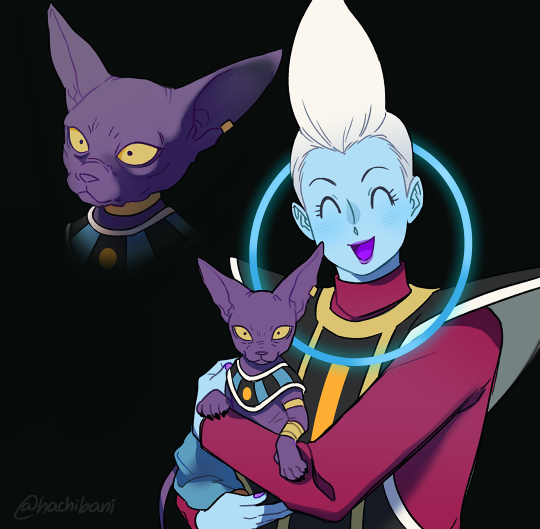 10s 2boys ancient_egyptian_clothes beerus black_background black_eyes carrying cat dragon_ball dragon_ball_super earrings expressionless eyelashes hachibani happy jewelry long_sleeves looking_away male_focus multiple_boys open_mouth pointy_ears simple_background smile twitter_username whis white_hair