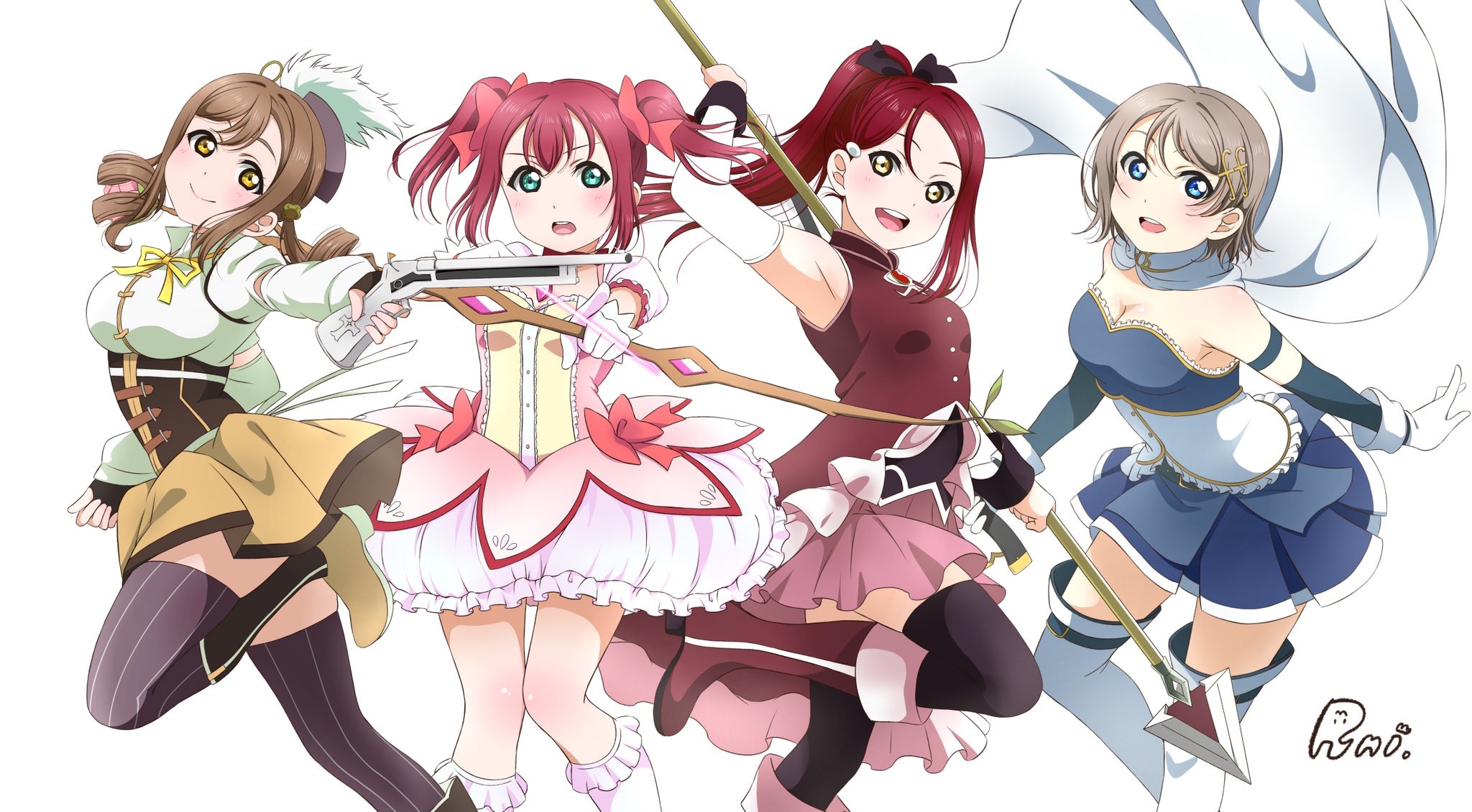 4girls aqua_eyes artist_name blue_eyes blue_skirt bow_(weapon) breasts brown_eyes brown_gloves brown_hair bubble_skirt cape cleavage closed_mouth corset cosplay cowboy_shot detached_sleeves drill_hair fingerless_gloves fortissimo frilled_legwear gloves gun hair_ornament highres holding holding_bow_(weapon) holding_gun holding_polearm holding_spear holding_sword holding_weapon kaname_madoka kaname_madoka_(cosplay) kaname_madoka_(magical_girl) kneehighs kunikida_hanamaru kurosawa_ruby leg_up light_brown_hair long_hair looking_at_viewer love_live! love_live!_sunshine!! magical_girl mahou_shoujo_madoka_magica mahou_shoujo_madoka_magica_(anime) medium_breasts miki_sayaka miki_sayaka_(cosplay) miki_sayaka_(magical_girl) multiple_girls musical_note musical_note_hair_ornament open_mouth polearm ponytail puffy_short_sleeves puffy_sleeves red_hair red_skirt runi_(87025) sakura_kyoko sakura_kyoko_(cosplay) sakura_kyoko_(magical_girl) sakurauchi_riko short_hair short_sleeves simple_background skirt small_breasts smile socks spear striped_clothes striped_legwear striped_thighhighs sword teeth thighhighs tomoe_mami tomoe_mami_(cosplay) tomoe_mami_(magical_girl) twin_drills upper_teeth_only vertical-striped_clothes vertical-striped_legwear vertical-striped_thighhighs watanabe_you weapon white_background white_cape white_gloves white_socks white_thighhighs yellow_eyes yellow_skirt zettai_ryouiki
