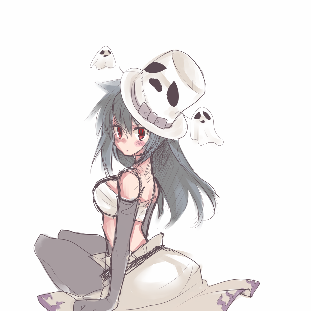 1girl black_gloves black_pants bow breasts chest_sarashi clothes_around_waist commentary_request elbow_gloves full_body ghost gloves grey_bow grey_hair hat hat_bow large_breasts long_hair looking_at_viewer looking_back pants ragnarok_online red_eyes sarashi sheet_ghost shirokuro_(erisnoa) shirt shirt_around_waist simple_background sitting solo sura_(ragnarok_online) top_hat whisper_(ragnarok_online) white_background white_hat white_shirt