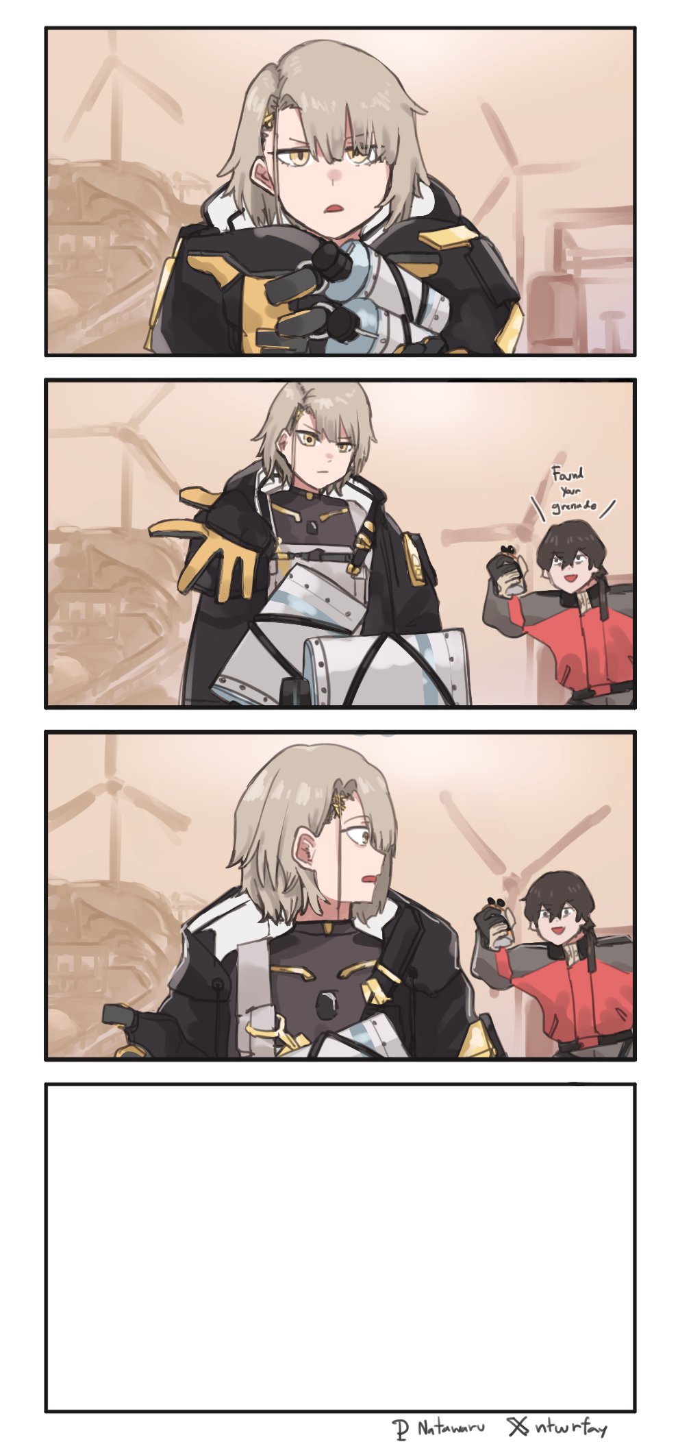 1boy 1girl artist_name black_gloves black_hair black_jacket brown_hair closed_mouth commander_(girls&#039;_frontline) commentary english_text explosive girls&#039;_frontline girls&#039;_frontline_2:_exilium gloves grenade hair_between_eyes highres hood hooded_jacket jacket looking_at_another looking_at_viewer multicolored_jacket natawaru open_clothes open_jacket open_mouth outdoors red_jacket short_hair symbol-only_commentary twitter_username two-tone_gloves two-tone_jacket upper_body vector_(girls&#039;_frontline) vector_(girls&#039;_frontline_2) yellow_eyes yellow_gloves