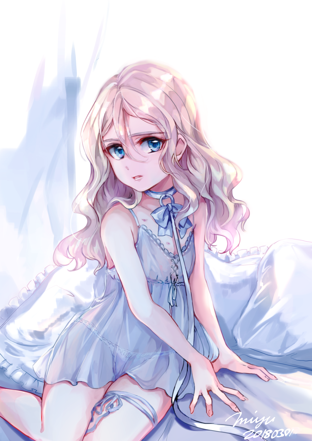 1girl abicomiyushi blonde_hair blue_eyes chemise child collar female_focus highres leash original panties pillow see-through_clothes sitting solo underwear