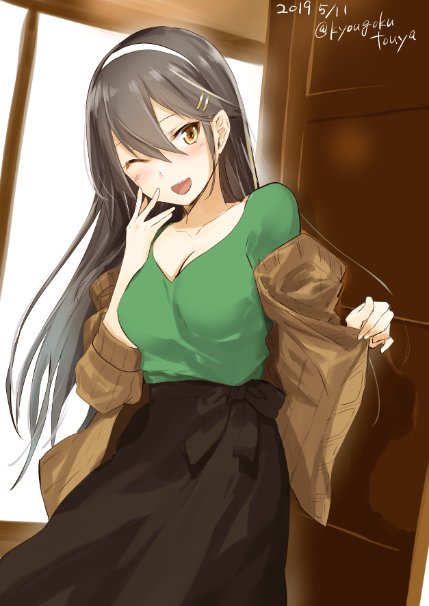 1girl ;d black_hair blush breasts brown_eyes brown_jacket brown_skirt cleavage collarbone commentary_request cosplay cowboy_shot dated female_focus green_shirt hair_between_eyes hair_ornament hairband hairclip haruna_(kancolle) jacket kantai_collection kirishima_(kancolle)_(cosplay) kyougoku_touya large_breasts long_hair looking_at_viewer one-hour_drawing_challenge one_eye_closed open_mouth shirt skirt smile solo twitter_username white_hairband