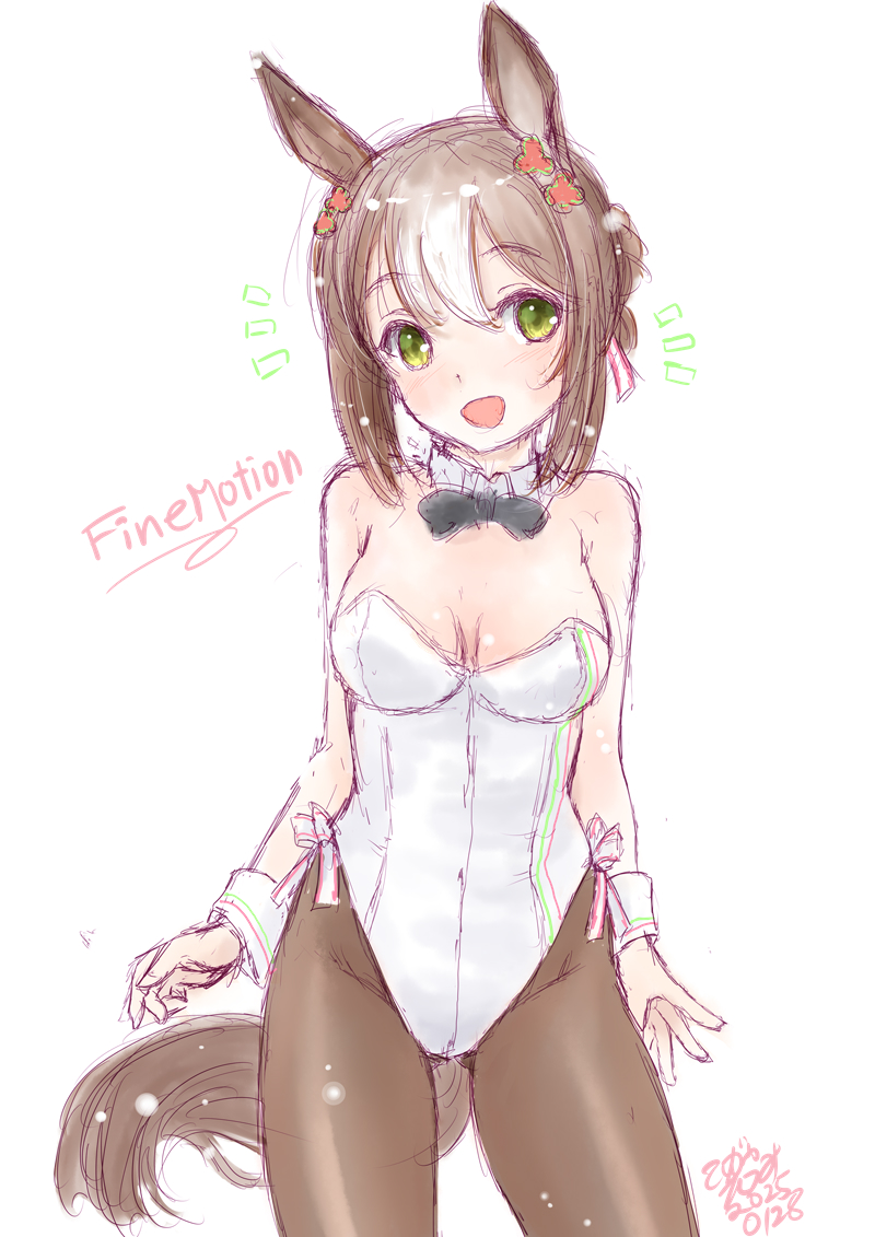1girl animal_ear_hairband animal_ears black_bow black_bowtie bow bowtie breasts brown_hair character_name clover_hair_ornament commentary_request detached_collar fake_animal_ears fine_motion_(umamusume) green_eyes hair_between_eyes hair_ornament hairband horse_ears horse_girl horse_tail koshigaya_tatsumi leotard long_hair medium_breasts multicolored_hair nontraditional_playboy_bunny pantyhose rabbit_tail solo standing strapless strapless_leotard tail umamusume white_background white_hair white_leotard wrist_cuffs