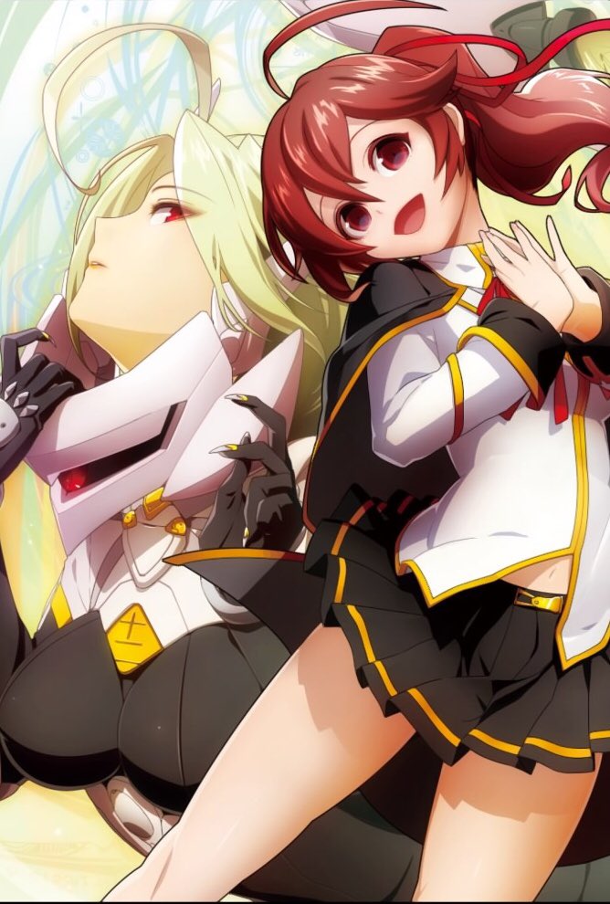 2girls ahoge black_bodysuit black_cape black_jumpsuit black_skirt black_wrist_cuffs blazblue blonde_hair bodysuit breasts brown_eyes brown_hair cape celica_a._mercury fingernails hair_between_eyes hair_ribbon happy higuchi_konomi jumpsuit lambda-11 long_hair long_sleeves miniskirt multiple_girls navel official_art open_mouth own_hands_together pleated_skirt ponytail red_eyes red_ribbon ribbon school_uniform shirt short_hair skirt smile third-party_source unworn_eyewear white_shirt wrist_cuffs