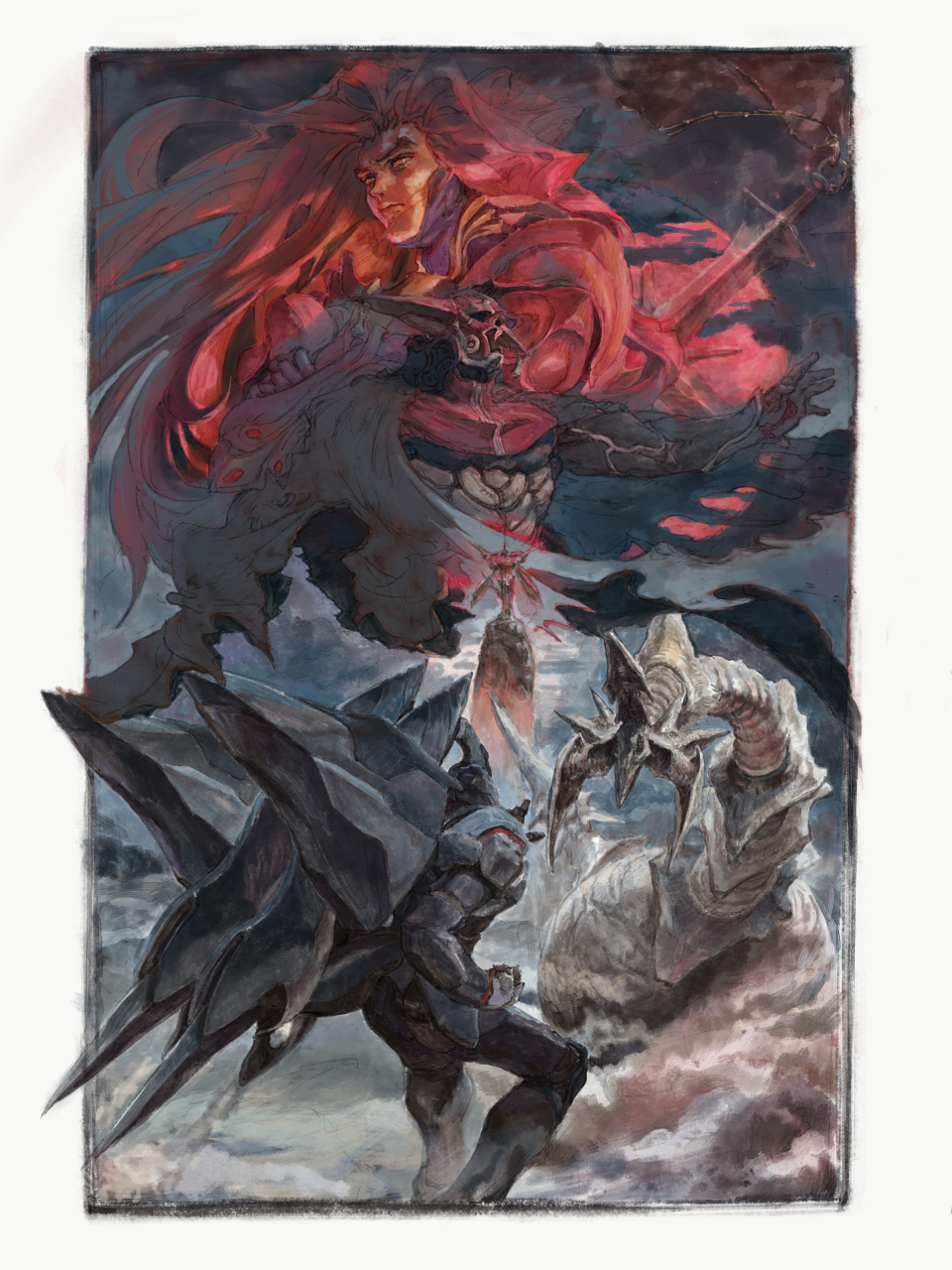 2boys border closed_mouth commentary_request crossed_arms grahf highres id_(xenogears) kosibahara long_hair male_focus mecha monster multiple_boys outside_border outstretched_hand red_hair robot standing weltall white_border xenogears