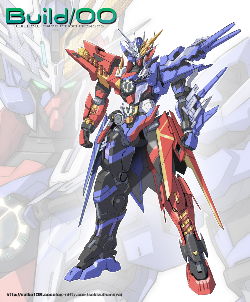 00_gundam armor crossover glowing glowing_eyes gundam gundam_00 highres kamen_rider kamen_rider_build kamen_rider_build_(series) looking_at_viewer mecha mechanical mechanization no_humans robot science_fiction standing yanagi_joe