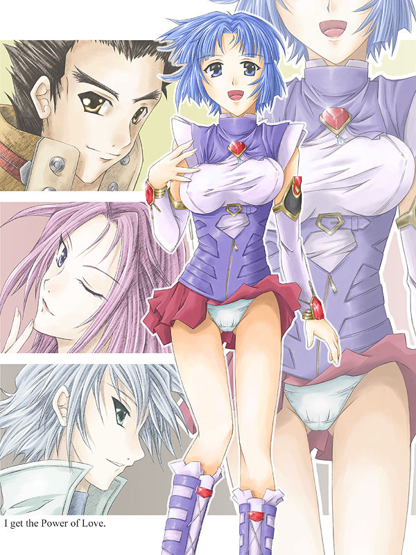 blue_eyes blue_hair cobray_gordon kusuha_mizuha panties pantyshot pleated_skirt selena_recital skirt standing super_robot_wars super_robot_wars_original_generation touma_kanou underwear white_panties wind wind_lift