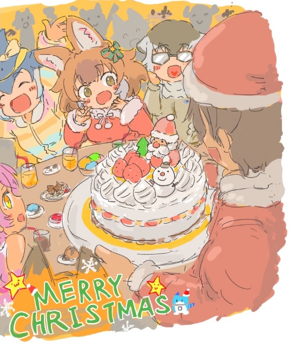 animal_ears black_hair blonde_hair blowhole blue_hair blush bow brown_hair cake captain_(kemono_friends) christmas common_dolphin_(kemono_friends) dhole_(kemono_friends) dog_ears dog_girl dolphin_girl dorsal_fin dress extra_ears ezo_red_fox_(kemono_friends) fins food fur-trimmed_dress fur-trimmed_headwear fur_trim glasses grey_hair hat head_fins heart heart_in_mouth kemono_friends kemono_friends_3 long_sleeves meerkat_(kemono_friends) meerkat_ears multicolored_hair multiple_girls nashi_umai open_mouth pajamas peach_panther_(kemono_friends) red_dress red_hat santa_costume santa_dress santa_hat short_hair smile sweater two-tone_hair two-tone_sweater white_hair