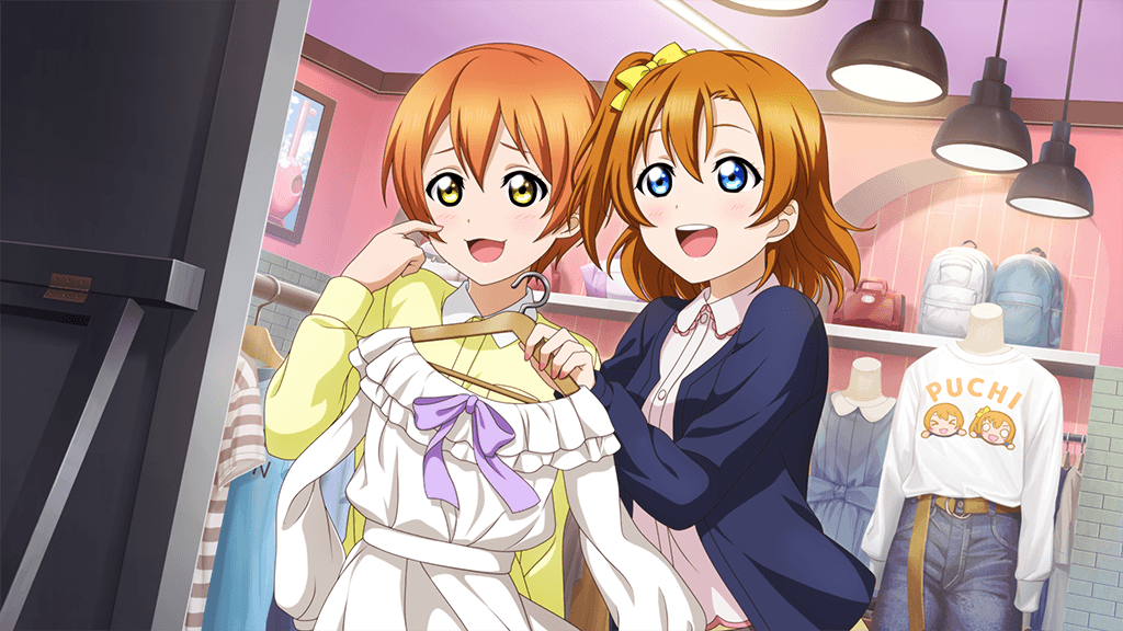 2girls :d backpack bag belt belt_buckle blue_eyes blue_jacket blue_shirt blush bow brown_belt buckle ceiling ceiling_light clothes_hanger clothes_shop collared_shirt denim dress fashion full-length_mirror furrowed_brow hair_between_eyes hair_bow handbag holding holding_clothes_hanger hoshizora_rin indoors jacket jeans kosaka_honoka long_sleeves looking_at_mirror love_live! love_live!_school_idol_project mannequin mirror multiple_girls nesoberi official_art one_side_up open_clothes open_mouth orange_hair pants pink_shirt pointing pointing_at_self print_shirt puchiguru_love_live! purple_ribbon ribbon shirt short_hair short_sleeves smile striped_clothes t-shirt teeth unworn_clothes unworn_dress unworn_shirt upper_body upper_teeth_only white_dress white_shirt yellow_bow yellow_eyes yellow_shirt