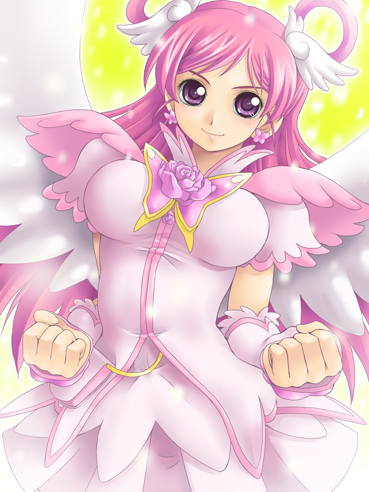 00s 1girl angel_wings breasts brooch bug butterfly clenched_hand clenched_hands cure_dream dress earrings female_focus flower flower_brooch hair_rings head_wings insect jewelry long_hair magical_girl pink_flower pink_hair pink_rose pink_theme precure purple_eyes rose shining_dream smile solo wings yaso_shigeru yes!_precure_5 yumehara_nozomi