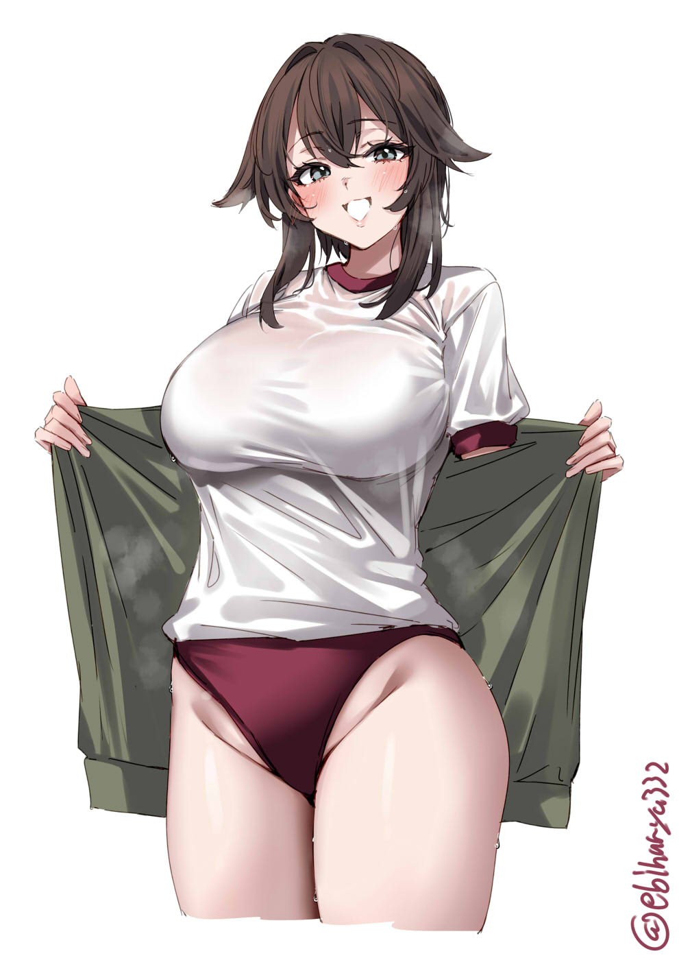 1girl artist_name blush breasts brown_hair buruma commentary_request cropped_legs ebifurya green_jacket groin hair_between_eyes hair_flaps hair_intakes hayasui_(kancolle) highres jacket kantai_collection large_breasts long_hair looking_at_viewer medium_hair one-hour_drawing_challenge open_clothes open_jacket opened_by_self red_buruma shirt short_hair short_hair_with_long_locks short_sleeves sidelocks simple_background smile solo steam steaming_body sweat thighs twitter_username white_background white_shirt