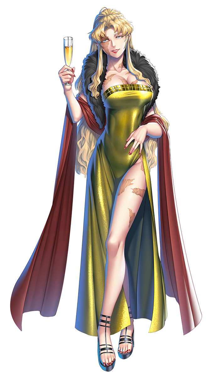 1girl balalaika_(black_lagoon) black_lagoon blonde_hair blue_eyes breasts burn_scar champagne_flute cleavage cup dress drinking_glass evening_gown feather_boa full_body highres hiroe_rei nail_polish official_art red_nails scar second-party_source shawl side_slit sidelocks solo strapless strapless_dress taimanin_(series) taimanin_rpgx toenail_polish toenails white_background