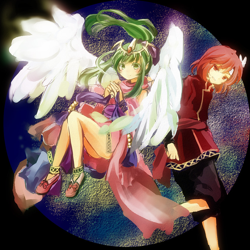 1boy 1girl bare_legs bare_shoulders fire_emblem fire_emblem:_mystery_of_the_emblem green_hair nintendo pointy_ears red_hair sakuno_shion smile tiara tiki_(fire_emblem) tiki_(young)_(fire_emblem) wings xane_(fire_emblem)