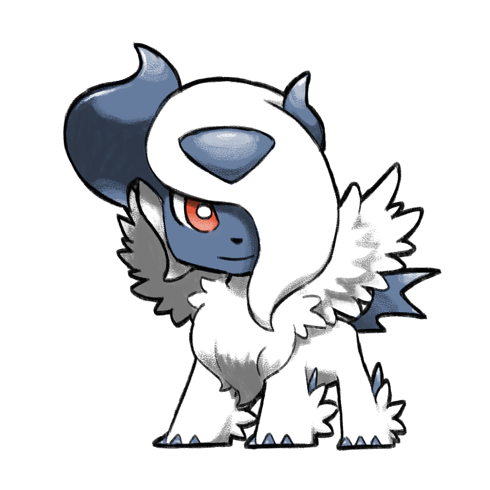 absol blacknirrow chibi closed_mouth full_body gen_3_pokemon hair_over_one_eye mega_absol mega_pokemon nintendo no_humans pokemon pokemon_(creature) pokemon_focus red_eyes simple_background smile solo white_background wings